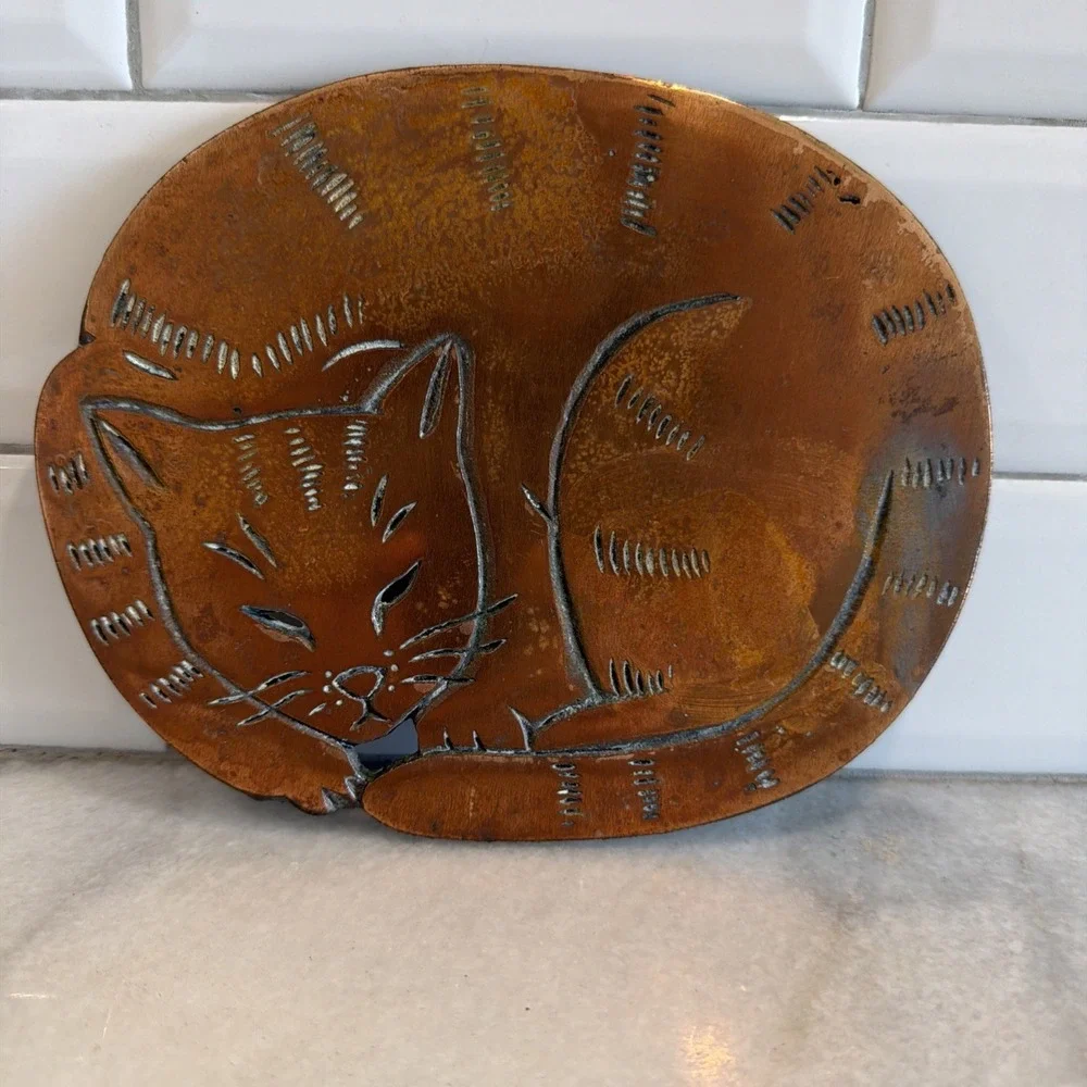 Vintage Copper Cat Trivet 8in Oval Mid Century Kitchen Decor OLA003
